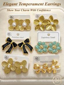 9 Pairs Asymmetric Textured Stainless Steel Fashion Pearl Stud Earrings, Including Flower And Bow Designs. Elegant Pearl Earrings Suitable For Various Occasions, Valentine's Day, Mother's Day, Gifts. High-Quality Hypoallergenic Daily Wear Earrings, Perfect Gift For Family And Friends - Pearl Set - View 2
