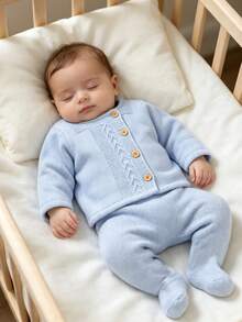 Newborn Sweater Set Solid Color Cable Knit Outfit Baby Round Neck Cardigan Sweater + Leggings 2 Pieces Set Baby Daily Outing Worry-Free Outfit - Baby Blue - View 3