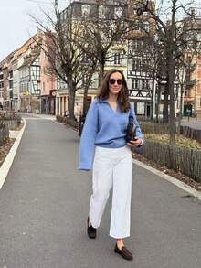 EAVA Blue POLO Collar Knit Sweater Loose Slouchy V-Neck Slimming Versatile Autumn/Winter Knitwear - Blue - View 6