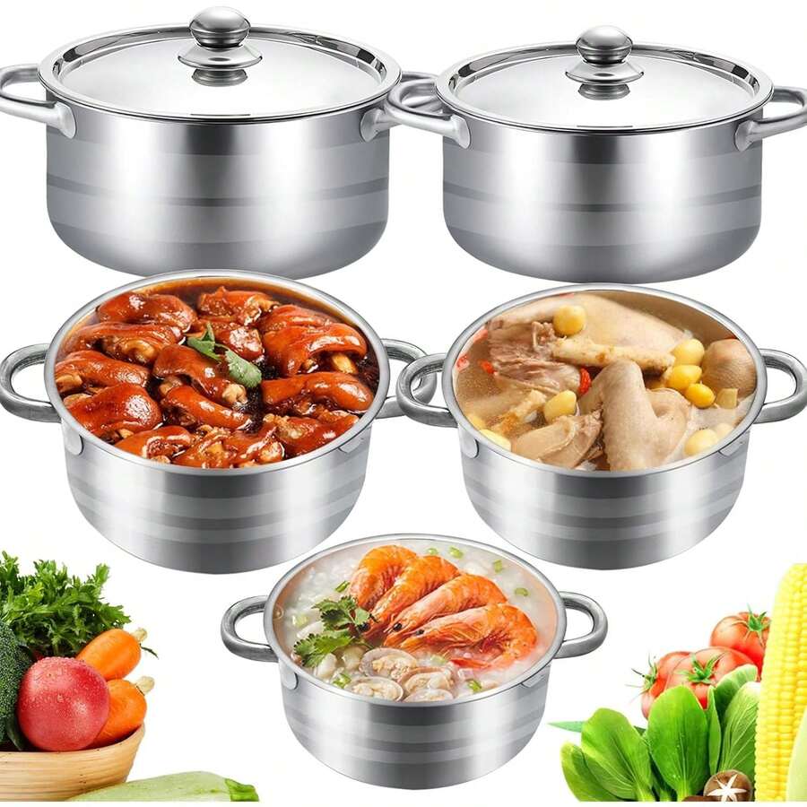 Bateria de Cocina, 5 Piezas Juego de Ollas de Acero Inoxidable, Ollas de Cocina Antiadherentes, Bateria de Cocina Acero Inoxidable para Cocina de Inducción y Estufa de Gas (6.6, 5.5, 4, 3, 2.1 L)