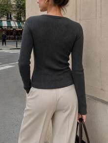 Women's Solid Color Fitted Versatile Daily Wear Long Sleeve Top - Dark Grey - View 5