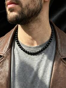 1pc White Fashionable Faux Pearl Beaded Necklace For Men's Daily Wear - Black - View 6