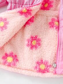 Jaket Bayi Perempuan Musim Gugur/Dingin Lengan Panjang Berkerudung dengan Lapisan Bulu Domba, Motif Bunga, Panjang Sedang, Kardigan Lembut Berwarna Pink yang Lucu dan Serbaguna, Dapat Dibalik - Berwarna merah muda - View 6