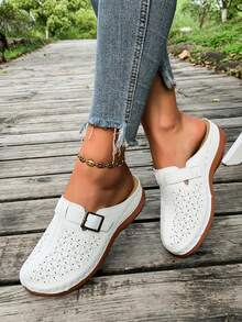 New Women's Thick Sole Platform Wedge Sandals With Buckle Hollow Design Solid Color Beach - White - View 6