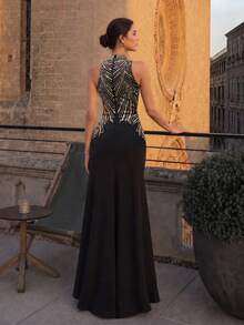 VIPGIRL Women's Elegant Alluring Black Long Formal Evening Dress, Sleeveless, Decorated, Slit Design Wedding Party Fall - Black - View 2