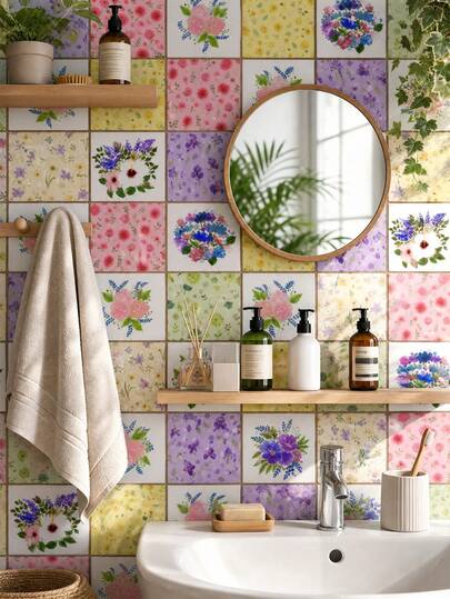 XXBANZHUAN 1 pieza/10 piezas Pegatinas de azulejos de pared de PVC con diseño floral vintage grueso y brillante, papel tapiz autoadhesivo impermeable y removible, adecuado para cocina, baño, gabinete y encimera
