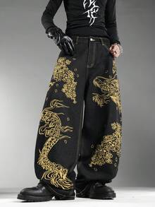 男士黑色牛仔褲，前後龍圖騰刺繡，復古香港街頭風，四季百搭寬腿褲（不含腰帶與配件） - 黑色 - 查看 1