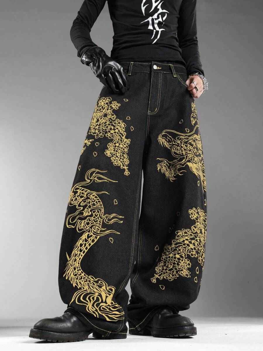 男士黑色牛仔褲,前後龍圖騰刺繡,復古香港街頭風,四季百搭寬腿褲(不含腰帶與配件) - 黑色 - 查看 1