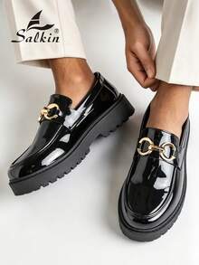 Salkin Mocasines de suela gruesa tipo lug clásicos de diseñador para hombre, zapatos casuales de lujo asequible, cuero charol, parte superior de unicolor, plataforma, estilo preppy, zapatos para estudiantes de vuelta a la escuela, para ir al trabajo, oficina, negocios, zapatos formales, moda para hombre, versátiles, elegantes, para uso diario, caballero, pareja, cita, cena romántica, regalo de vacaciones, zapatos para hombre para todas las estaciones - Negro - Ver 10