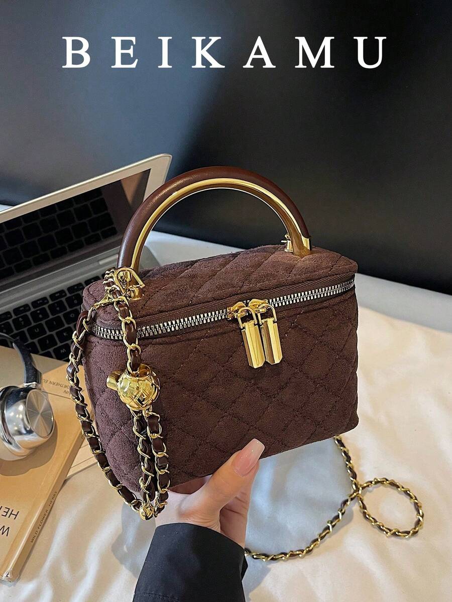 1 pieza Bolso de mano, monedero de maquillaje, elegante bolso bandolera con cadena de diseño minimalista y patrón de rombos BEIKAMU - Café - Ver 1