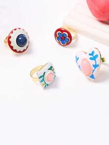 ZAA Elegant Fresh Pastoral Style Open Ring, Minimalist Oil Painting Style Adjustable Ring, Women's Jewelry, Suitable For Vacation - Multicolor - View 2