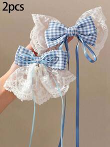 2pcs Girls Blue Fabric Double Layer Lace Plaid Rhinestone Pearl Bow Ribbon Hair Clips Hair Accessories Head Clips Back Clips Side Clips Alligator Hair Clips For Daily Use - Blue - View 9