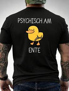 Black T-Shirt With Duck Graphic And "Psychisch Am Ente" Text For Casual Wear - 黑色 - 查看 1