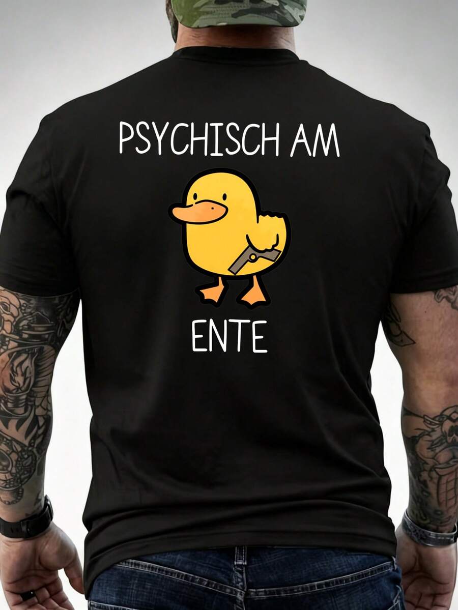 Black T-Shirt With Duck Graphic And "Psychisch Am Ente" Text For Casual Wear - 黑色 - 查看 1