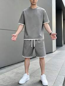 男士夏季拼色圆领短袖休闲 T 恤和抽绳腰短裤套装，舒适服装 - 灰色 - 查看 7