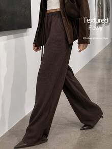 Women's Elegant Textured Wide Leg Pants, With Drawstring And Pockets, Fashionable Flowy Polyester Pants, Slightly Elastic - Brown - View 4