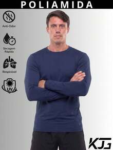 Camisa Térmica Poliamida Masculina Proteção Solar Uv50+ Segunda Pele Anti Odor Manga Longa Inverno Frio e Calor Treino Corrida - Azul Marinho - Visão 3