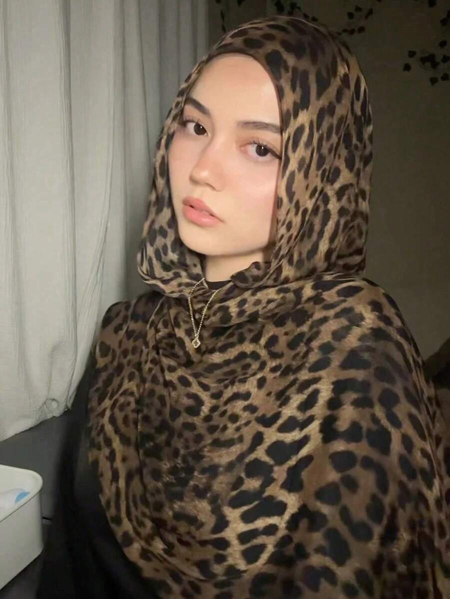1条女士围巾,波西米亚豹纹印花头巾,轻盈透气,适合日常佩戴 - 咖色 - 查看 1