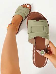 Ximi Ruo Sandali piatti casual da donna, ciabatte stile coreano con punta aperta, intrecciati stile romano, slide estive primavera autunno, nuove scarpe di moda stile francese per uso esterno, spiaggia, sabbia, appartamento, abbinabili con gonne - Verde - Visualizzare 3