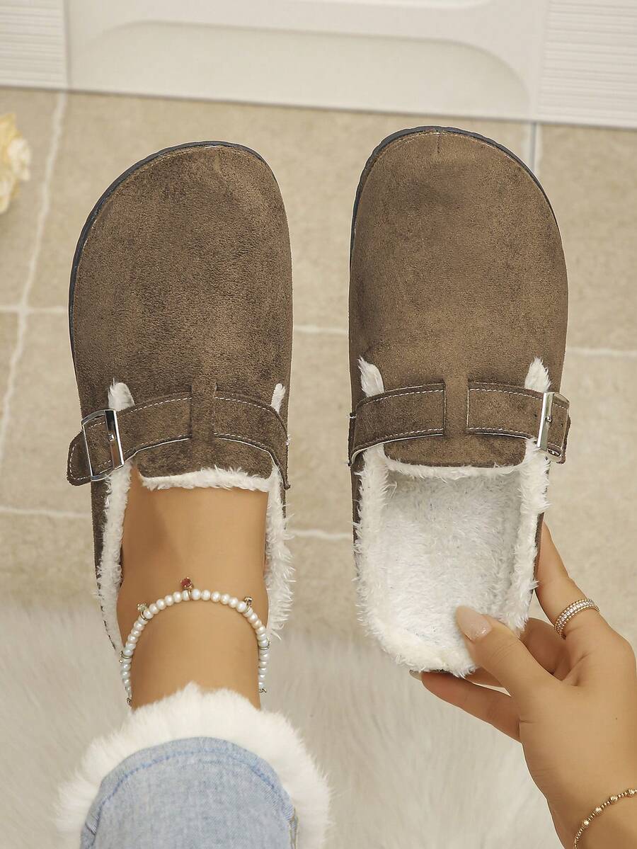 Women's Comfortable Soft Fur Lined Slip-On Closed-Toe Mule Slippers With Buckle Design, Casual Style, Brown, Plus Size, Indoor/Outdoor Home Slippers For Autumn/Winter - Chocolate Brown Velvet - View 1