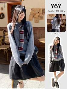 Y6Y Colorblock Grey Ribbon Design Women's 2026 Summer New College Style Soft Fluffy Youthful Loose Knit Long Sleeve Sweater - Grey - View 10