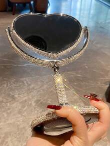 1pc High Definition Double-Sided Makeup Mirror, Highly Attractive Sparkling Artificial Rhinestone Decorated, Rotatable Desktop Mirror, Travel Portable Detachable Touch-Up Mirror, Gift - Silver - View 7
