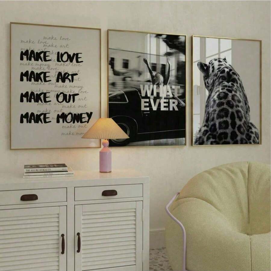 3pcs Frameless Black & White Fashion Print Poster, 40*60cm Leopard Roar Starry Sky Art Vintage Wall Decor, Suitable For Bedroom, Dorm, Home Office, Classroom - Multitype - View 1