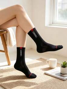 6 Pairs Japanese Minimalist Contrast Color Fabric Label Mid-Calf Socks, Thin Mesh Breathable Cotton Socks, Black White Gray Basic Casual Sports Socks For Men And Women - Multicolor - View 6