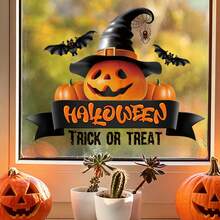 1pc Halloween Pumpkin Witch Hat Window Sticker "Trick Or Treat" Bat Spider Static Cling Window Decal, Suitable For Indoor Home Halloween Party Window Decoration - Multicolor - View 5