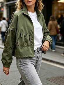 French Casual Commuter Style Ruched Stand Collar Short Jacket, Autumn Long Sleeve Utility Lantern Sleeve Everyday Versatile Casual Zip-Up Jacket For Women - Army Green - View 2