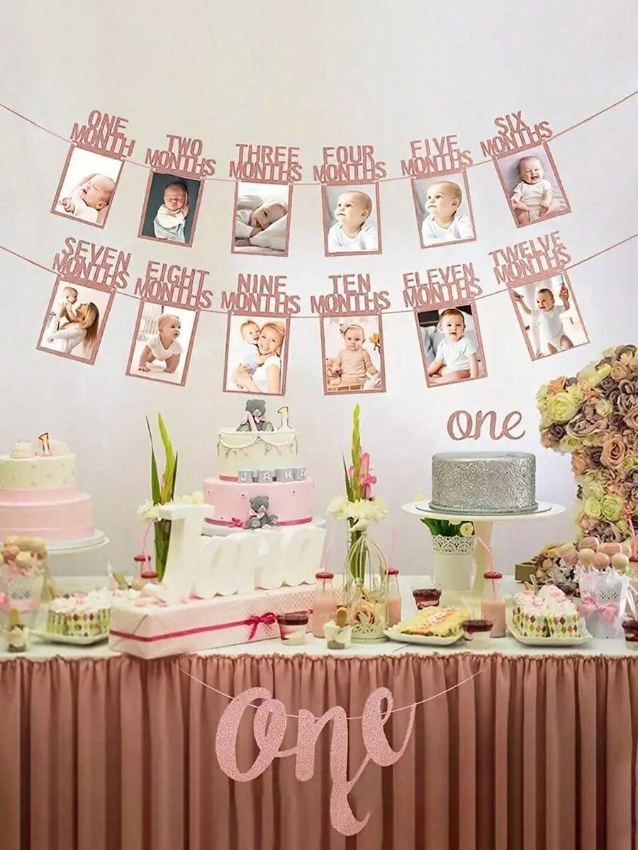 1 Set 12-Month Photo Wall Banner, Baby Birthday Party Photo Banner, Baby Shower Decoration - Multicolor - View 1