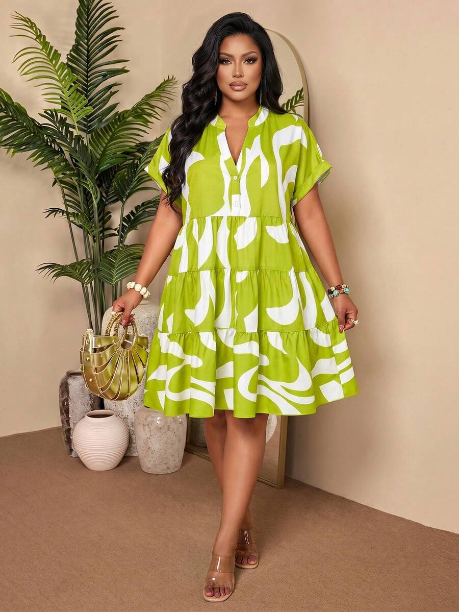 BIUBIU Women's Plus Size Notched Neck Short Sleeve Knee Length Dress,Tropical Outfits Plus Size Elegant Summer - Green - View 1