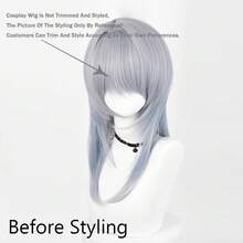 Ombre Grey Blue Synthetic Men Medium Long Wigs With Bangs Anime Game Cosplay Fluffy Wig For Daily Party, Halloween - Dusty Blue - View 2