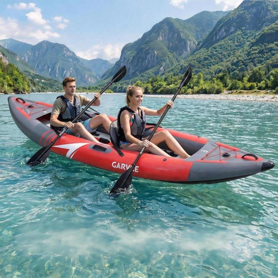 Durable Inflatable Kayak for 2 Adults - Red & Gray PVC Mesh, Brushed Fabric, collapsible, Portable for Outdoor Water Sports - B - Ver 1