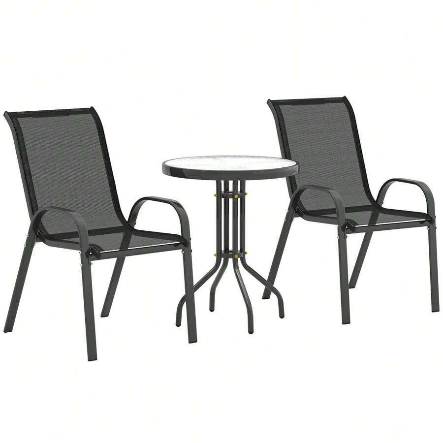 3-Piece Stackable Outdoor Bistro Set – Metal Frame Chairs With High Back Support + Tempered Glass Top Table – Compact Design For Patio, Balcony, Or Small Garden Spaces – Lightweight, Easy To Assemble & Space-Saving Solution - Black - View 1