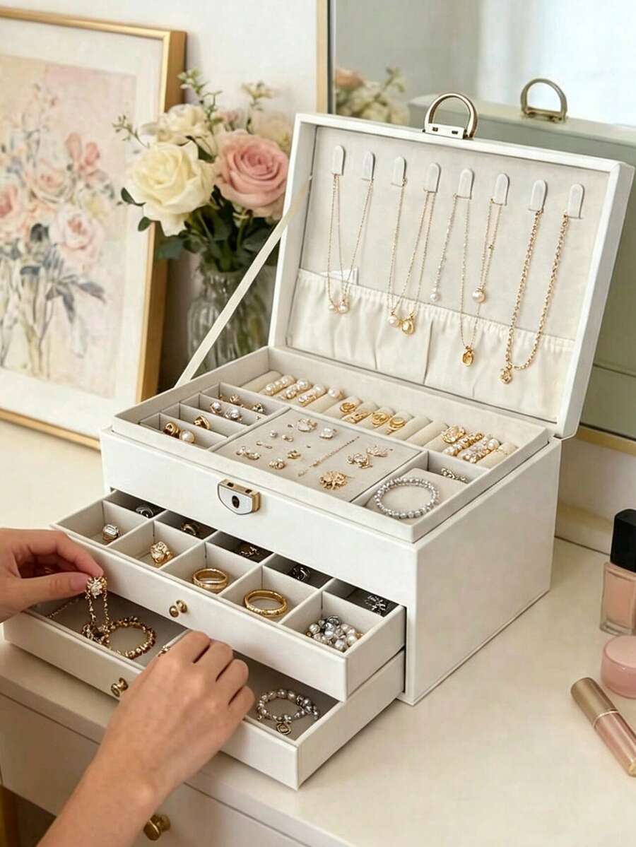 1pc Large Capacity 3-Layer Jewelry Box, Multi-Functional Jewelry Organizer, Mini Jewelry Storage Box, Cosmetic Storage Box, Nail Polish Storage Box - Multicolor - View 1