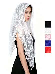 1pc Women's Fashion New Lace Hollow Rose Bridal Veil Triangular Scarf, Elegant Floral Embroidered Triangular Scarf, Versatile For Wedding, Formal Events As Headscarf Or Shawl - Multicolor - View 8