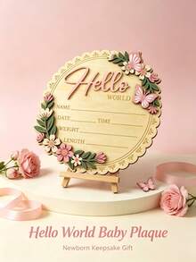 木製嬰兒出生公告板 Hello World 花卉蝴蝶紀念牌，可客製化姓名/日期/時間/體重/身高，新生兒拍照道具，嬰兒派對性別揭曉派對裝飾 - 彩色 - 查看 7