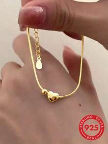 BALMORA 1pc 925 Sterling Silver Heart-Shaped Bead Bracelet, Minimalist Snake Chain Design, Suitable For Women's Fashion Daily Wear, Can Be Given As A Gift To Friends - Gold - View 2