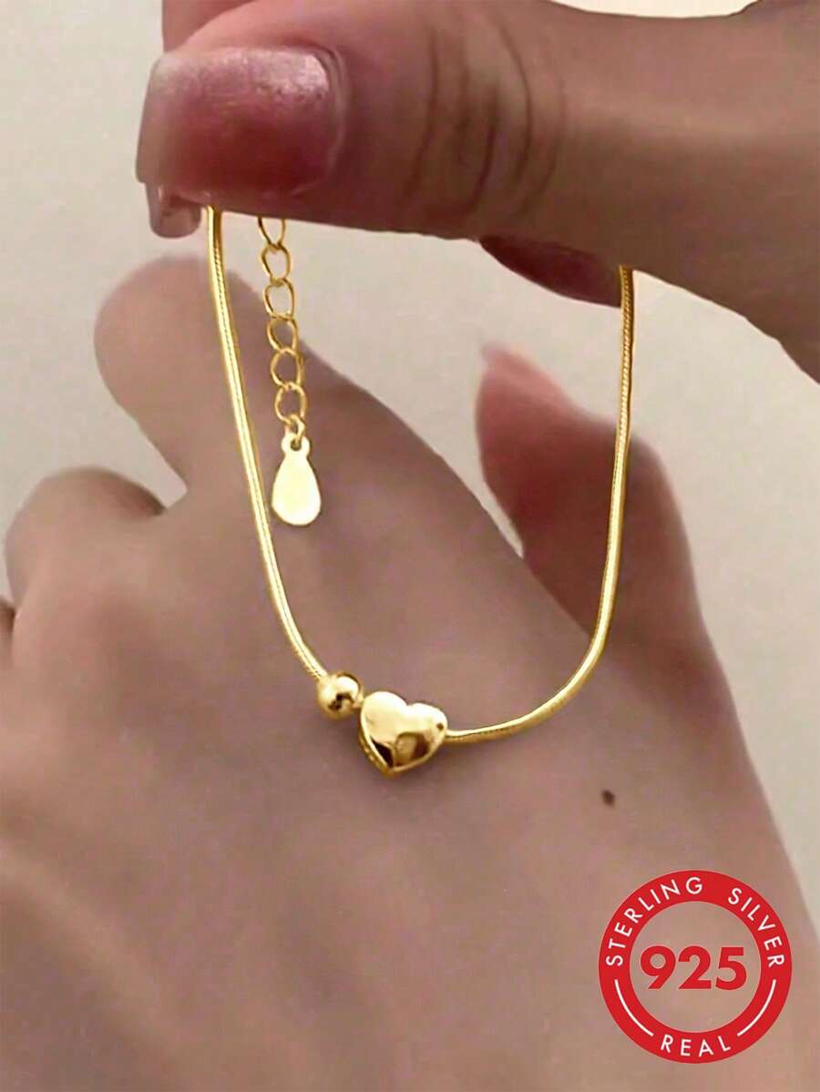 BALMORA 1pc 925 Sterling Silver Heart-Shaped Bead Bracelet, Minimalist Snake Chain Design, Suitable For Women's Fashion Daily Wear, Can Be Given As A Gift To Friends