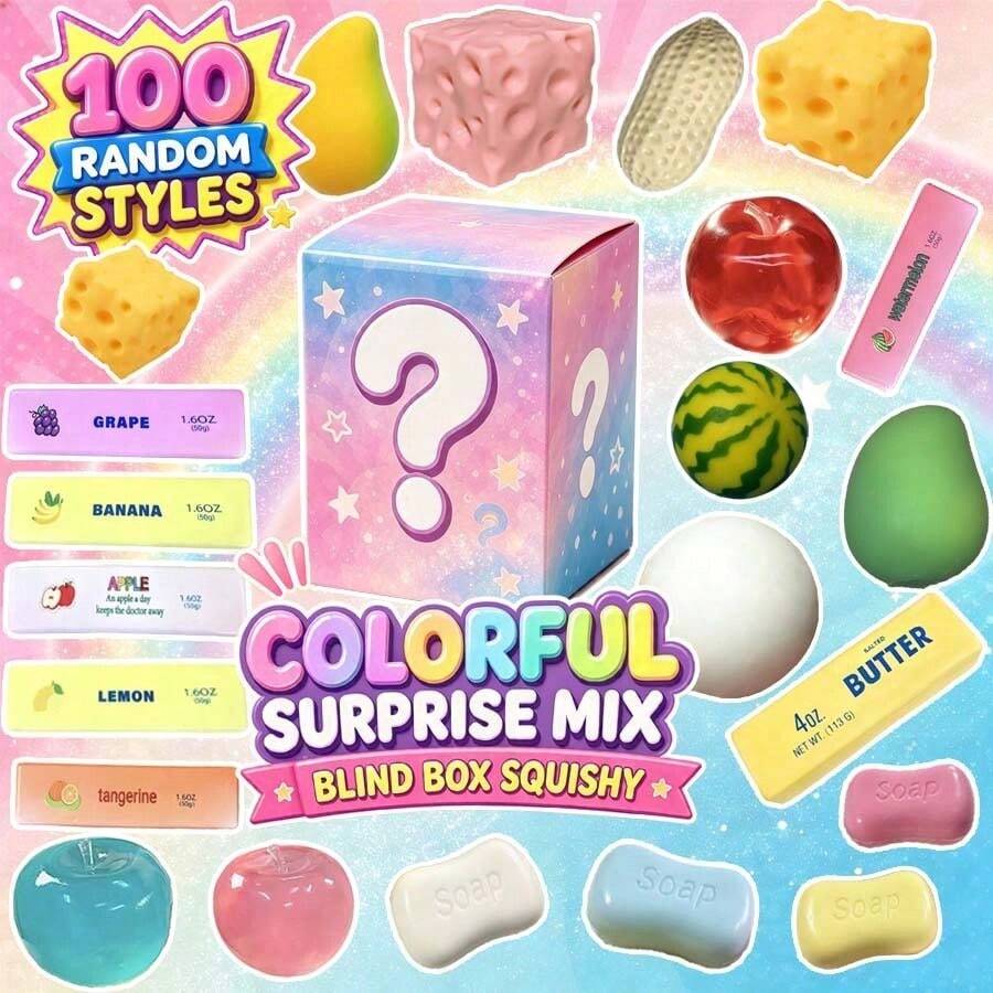 Hit Squish Surprise 盲盒套組,隨機款神秘紓壓飾品,溫柔慢回彈觸感,ASMR 手捏桌面裝飾,情緒調節水母,紓壓指尖玩具,慢回彈,適合壓力緩解與感官遊戲 - 彩色 - 查看 1