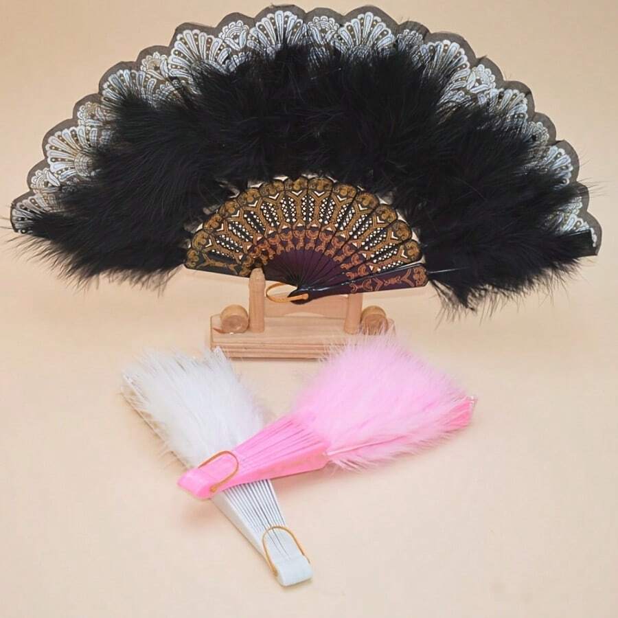 1pc Multicolor Dance Feather Folding Fan/Handmade Feather Piece By Piece Attachment/14 Ribs/Suitable For Dance Performance/Exquisite Fashion Elegant Folding Fan - Multicolor - View 1