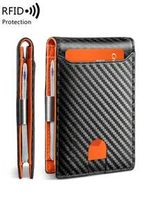 MIYIN Ultra-Thin Men's RFID Anti-Theft Bi-Fold Minimalist Front Pocket Wallet, With Bill Clip, Carbon Fiber Material, Credit Card Holder - Burnt Orange - View 2