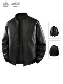 Men's Autumn/Winter Motorcycle PU Leather Jacket, Black Long Sleeve Zipper Motorcycle Style Sports Jacket - Black - View 3