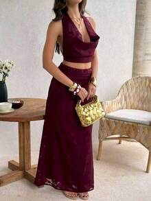 Unadoll Women Fall Burgundy Halter 2 Piece Set,Cowl Back Tie Crop Top Midi Skirt For Birthday Cocktail Party Going Out - Burgundy - View 3