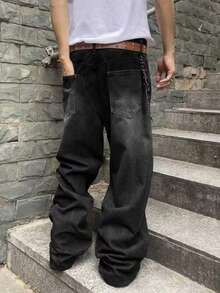 Y2K Teen Boys Straight Leg Loose Casual Versatile Denim Jeans With Pockets - Black - View 4