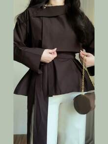 Women's Elegant British Style Asymmetric Lapel Design Long Sleeve Cinched Waist Waist Blouse, Solid Color Belt Front Button Closure, Vintage Versatile Commute Office Daily Date - Brown - View 9