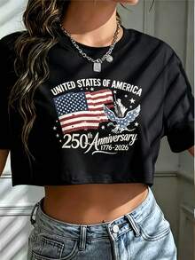 USA 250th Anniversary Commemorative Print Women's Inspired T-Shirt Y2K Short Round Neck Top - Lightweight Spring/Summer Casual Holiday Fantasy Print - 黑色 - 查看 9