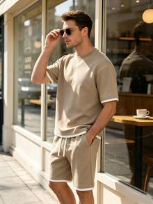 Men's Summer Contrast Color Round Neck Drop Shoulder Loose Casual T-Shirt And Drawstring Waist Shorts Set - Apricot - View 4