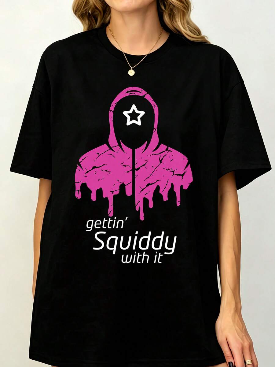 Gettins Squiddys With Its Pinks Drips Hooded Figure T-Shirt, Funny Dark Humor Halloween Unisex Cotton Tee For Summer Autumn - 黑色 - 查看 1